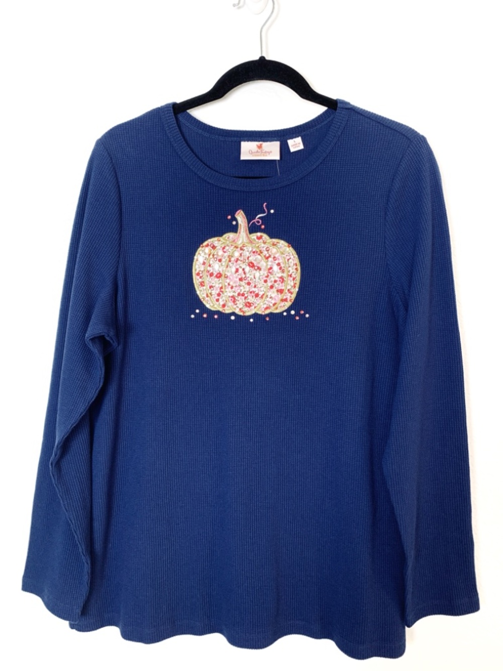 Quacker Factory A Pumpkin of Another Color Long Sleeve Top Womens Large Blue